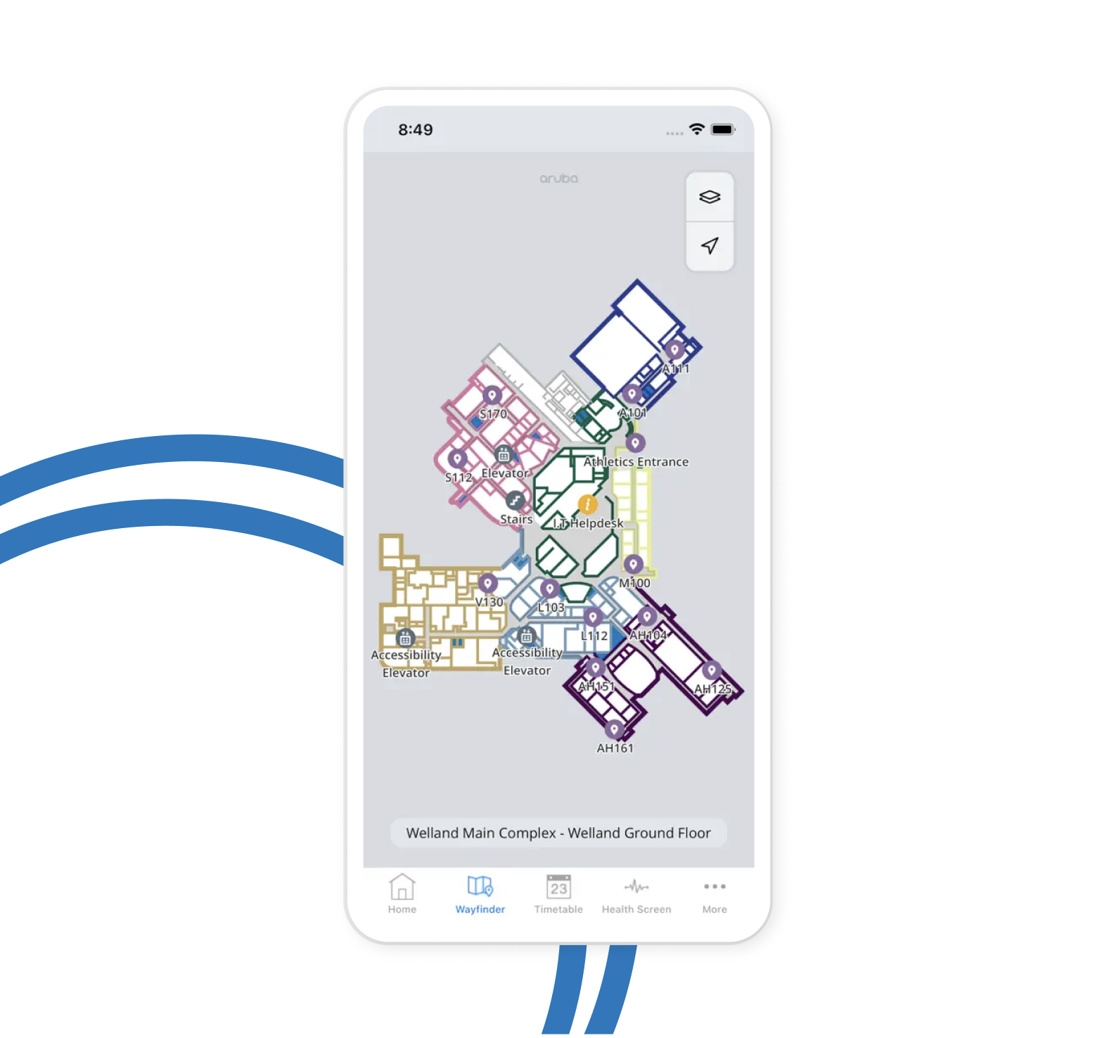 A smartphone shows a detailed floor plan of a building, featuring colour-coded sections and navigation icons along the bottom edge.