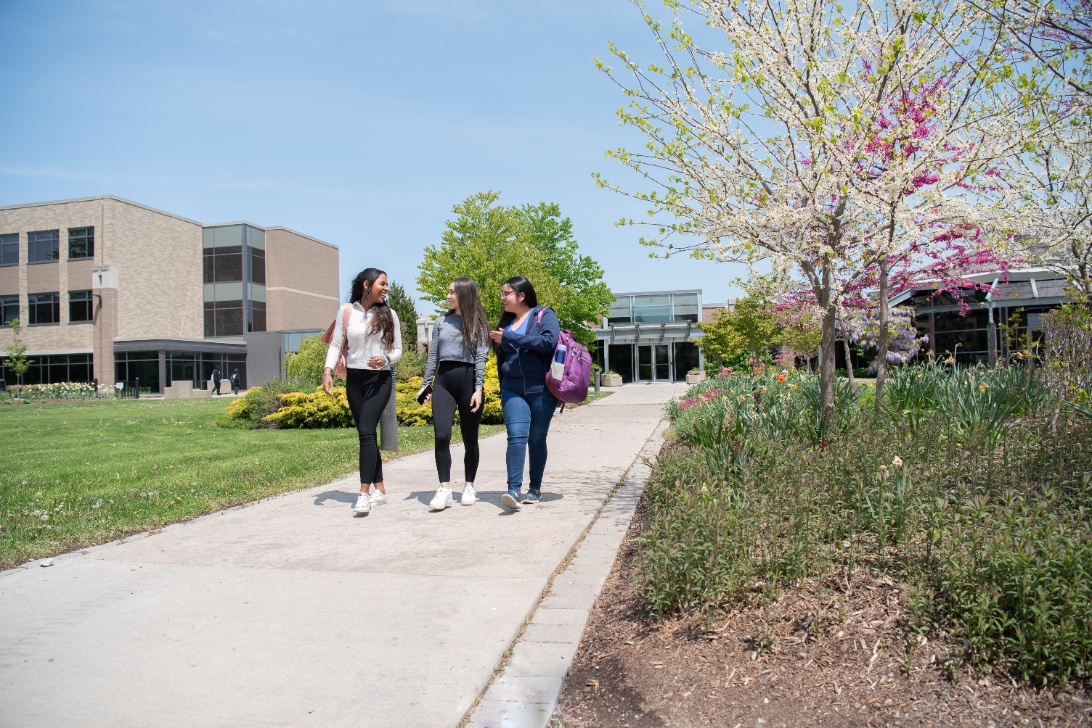 Three students walk and chat along a campus pavement, with buildings and blossoming trees visible in the background.