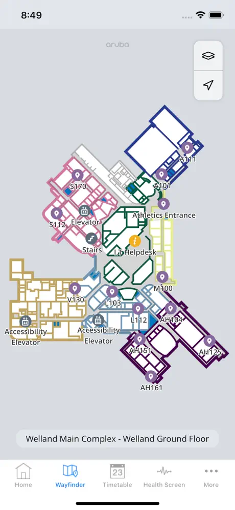 Floor plan of Welland Main Complex displaying rooms, helpdesk, athletics entrance, stairs, and accessible lifts.