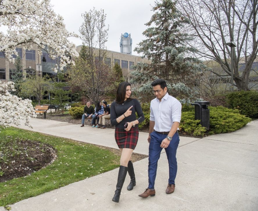 Two people walk along a campus pavement while three others sit on a bench near blossoming trees and a brick building.