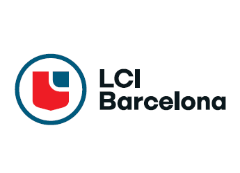 LCI Barcelona logo featuring a red and blue shield emblem alongside the text "LCI Barcelona" in black font.