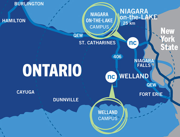 An illustrated map indicating the location of the Welland and Niagara-on-the-Lake Campuses within Ontario